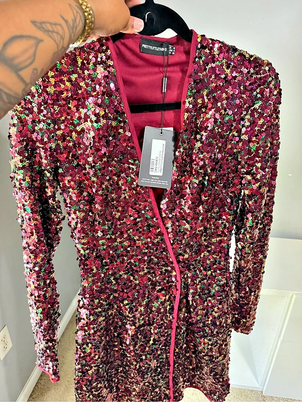 PrettyLittleThing Burgundy Sequin Long Sleeve Blazer Dress Sequin Blazer in